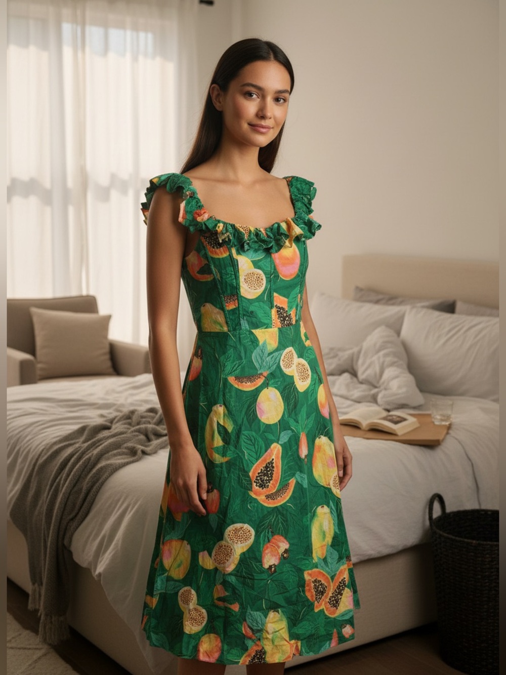 FARM Rio Green Tropical Fruit Ruffle-Trim Boned Bodice Dress With Pockets Size M